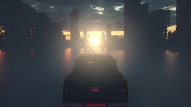 在一个破旧不堪的城市里独自驾驶一辆旧车.启示录城在雾中